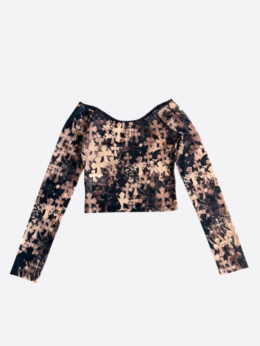 Chrome Hearts Brown All Over Cross Print Mesh Longsleeve Top - Picture 1 of 7